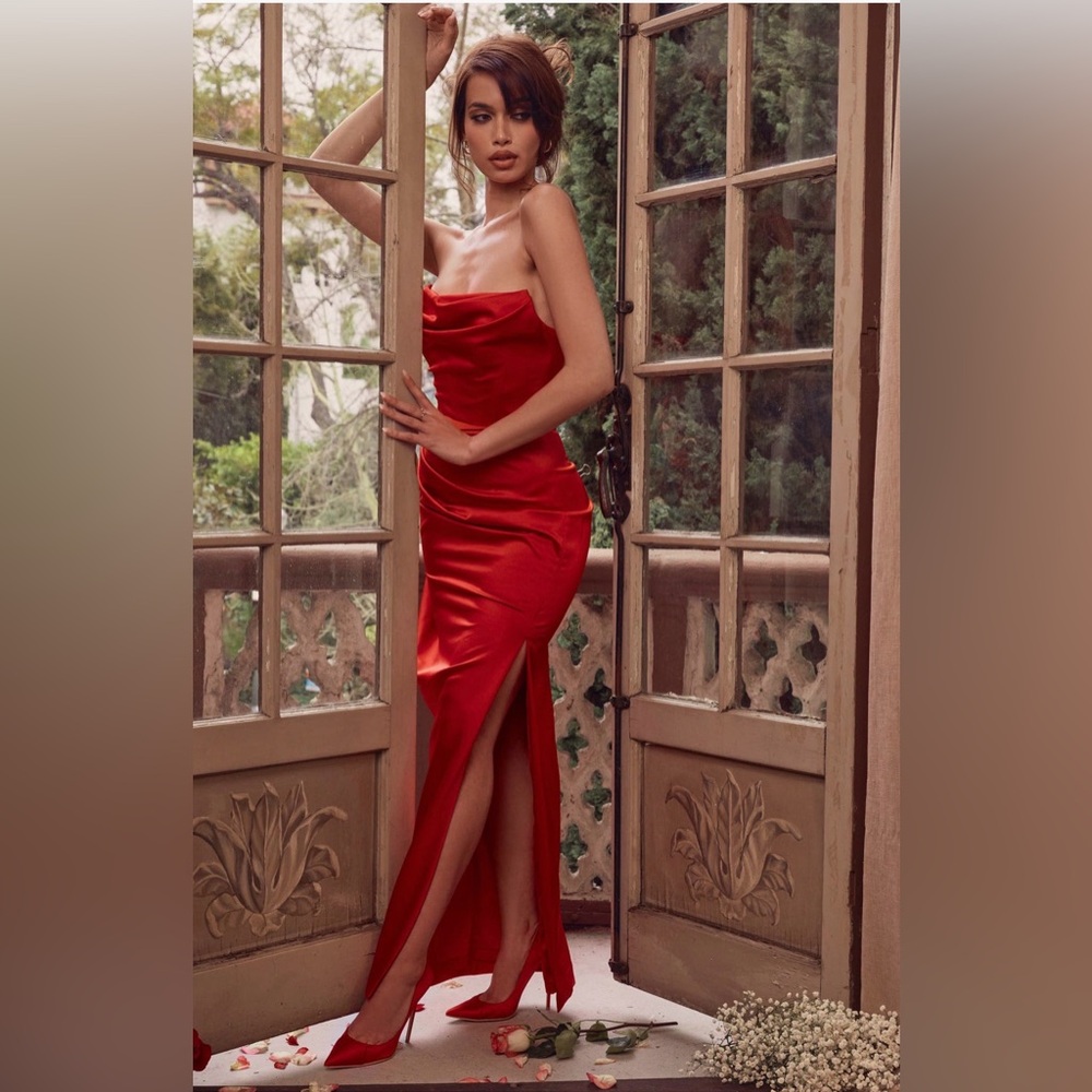 House of Cb Adrienne Satin Strapless Gown In Red size M NWOT/D